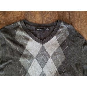 Claiborne Mens V Neck Gray Argyle Lightweight Sweater, L